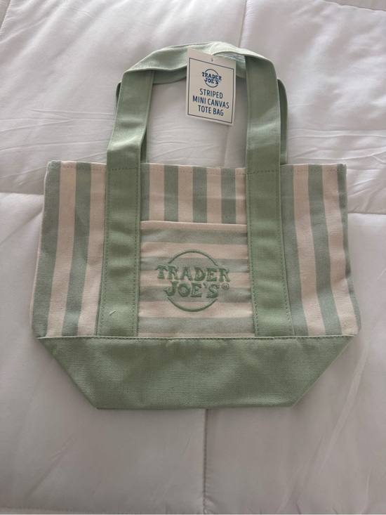 Trader Joes Handbags - Trader Joe’s Mint & Cream Striped Mini‎ Canvas Tote Bag  New with tags